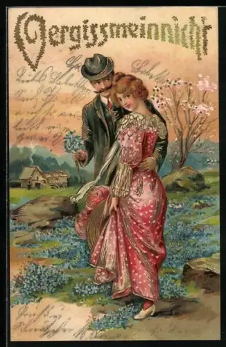 AK Vergissmeinnicht, Liebespaar mit einem Blumenstrauss