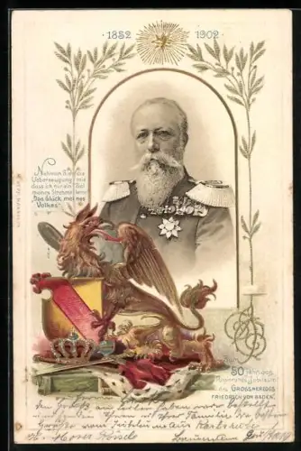Lithographie Grossherzog Friedrich von Baden, 50jähriges Regierungs-Jubiläum, 1902