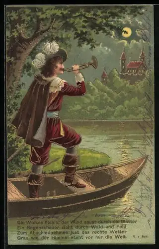 AK Trompeter von Säckingen in einem Ruderboot unter dem Nachthimmel, Behüt Dich Gott!