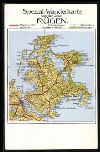 AK Bergen / Rügen, Landkarte von der Insel Rügen mit Wanderwegen
