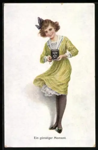 AK Mädchen im Kleid mit einer Schleife im Haar hält ein Fotoapparat