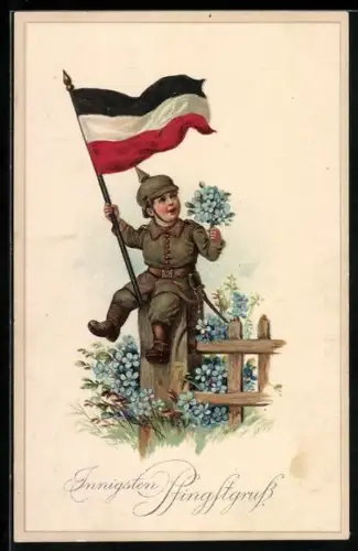 Lithographie Kleiner Soldat mit Reichsfahne und Blumenstrauss - Pfingstgruss