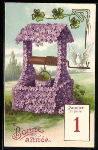AK January 1, Kalenderblatt, Vergissmeinnicht-Brunnen