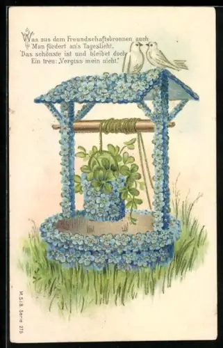AK Brunnen aus Vergissmeinnicht, Tauben und Kleeblätter, Blumenbild