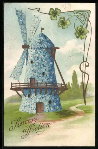 AK Windmühle aus Vergissmeinnicht, Kleeblätter, Blumenbild