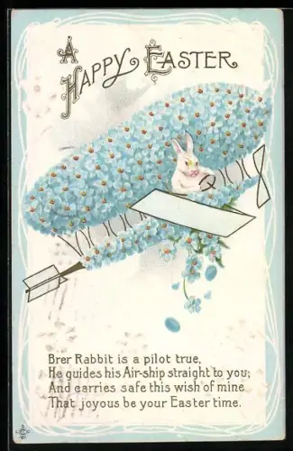 AK Osterhase fliegt mit einem Zeppelin aus Vergissmeinnicht
