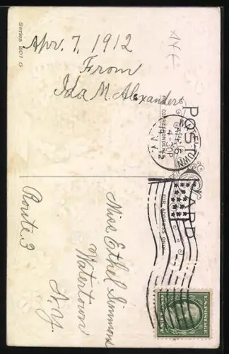 AK Osterhase fliegt mit einem Zeppelin aus Vergissmeinnicht