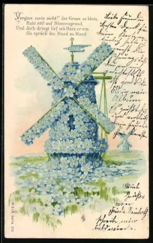 AK Blumenbild, Windmühlen verziert mit Vergissmeinnicht