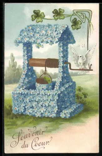 AK Brunnen aus Vergissmeinnicht mit weisser Taube und Kleeblättern, Blumenbild
