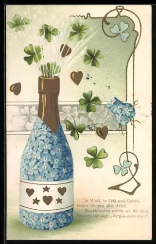 AK Knallender Sektkorken, Flasche aus blauen Blüten versprüht Glückskleeblätter