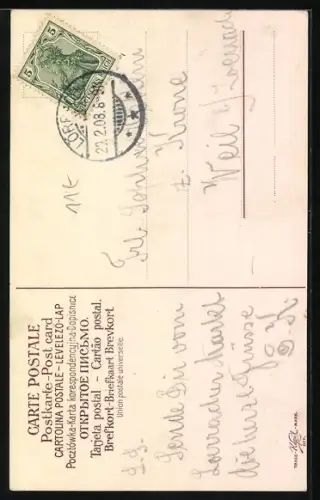 AK Knallender Sektkorken, Flasche aus blauen Blüten versprüht Glückskleeblätter