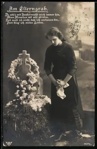 AK Am Elterngrab, junge Frau trauert