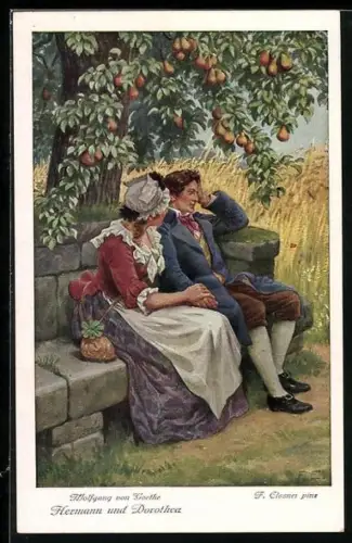 Künstler-AK sign. F. Elssner: Goethe, Hermann und Dorothea auf der Bank unterm Birnenbaum