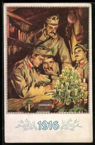 AK Soldaten am Tisch mit kleinem Weihnachtsbaum, 1916