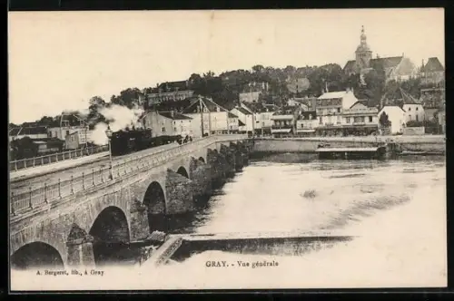 AK Gray, Vue générale avec pont et train à vapeur sur la rivière
