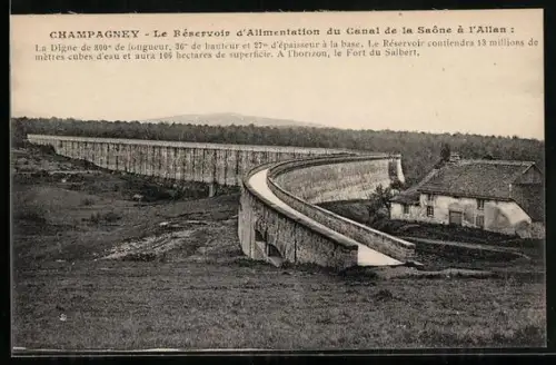 AK Champagney, Le Réservoir d`Alimentation du Canal de la Saône à l`Allan, vue du barrage et du Fort du Salbert