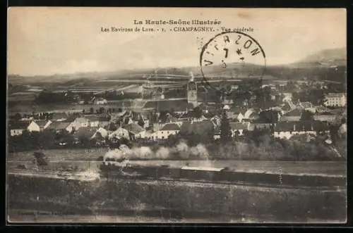AK Champagney, Vue générale avec train à vapeur traversant le village