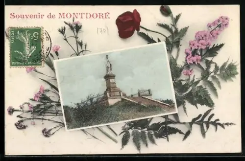 AK Montdoré, Statue et fleurs décoratives