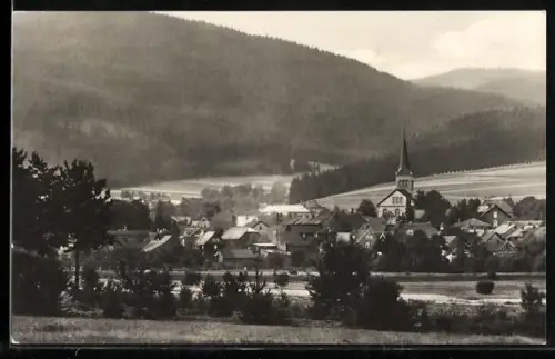 AK Gehren /Thür. Wald, Panorama des Ortes mit Kirche und Umgebung