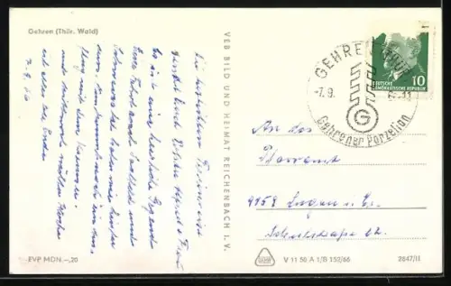 AK Gehren /Thür. Wald, Panorama des Ortes mit Kirche und Umgebung