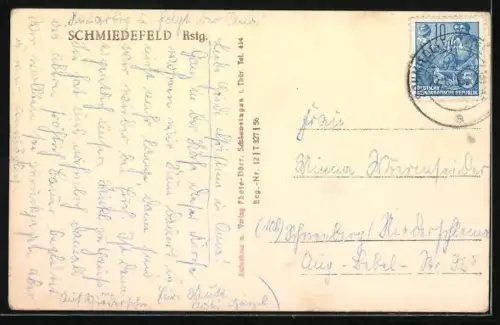 AK Schmiedefeld / Rennsteig, Strassenpartie mit Gasthof Gerhard Bourbeck