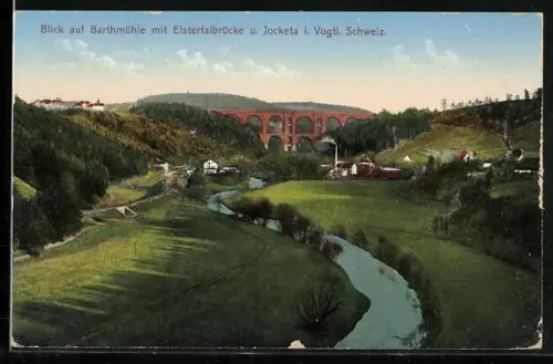 AK Jocketa i. Vogtl., Blick auf Barthmühle mit Elstertalbrücke