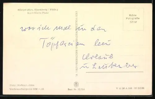 AK Bürgel / Thüringen, Strassenpartie mit Kirche am Karl-Marx-Platz