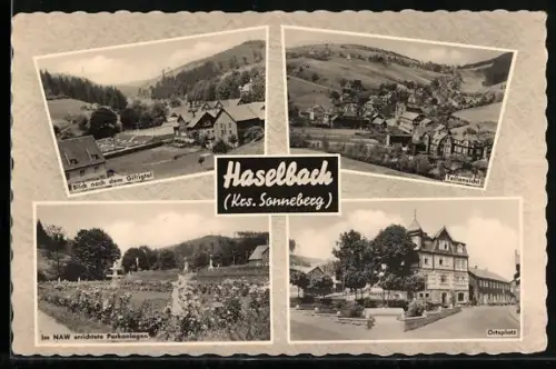 AK Haselbach /Sonneberg, Blick nach Giftigtal, Teilansicht des Ortes, Parkanlagen und Ortsplatz