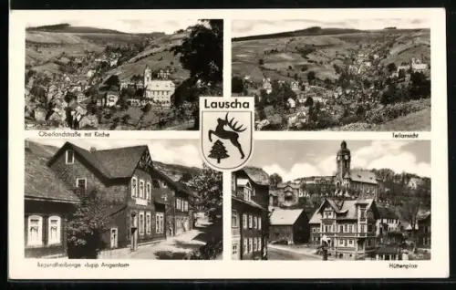 AK Lauscha, Teilansicht des Ortes, Oberlandstrasse, Jugendherberge Jupp Angentort und Hüttenplatz