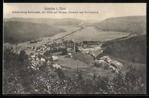 AK Scheibe i. Thür., Schwarzburg-Rudolstadt mit Blick auf Alsbach, Limbach und Steinheid