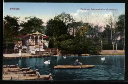AK Zwickau, Partie am Schwanenteich, Gondelplatz