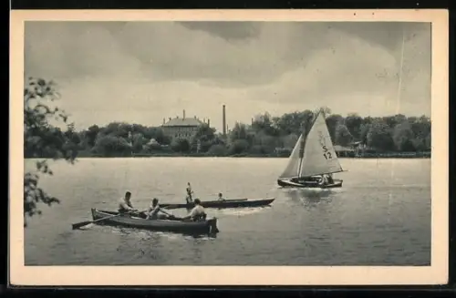 AK Zwickau /Sa., Schwanenteich mit Konzerthaus, Schwanenschlöss