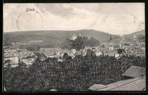 AK Greiz, Ortsansicht aus der Vogelschau