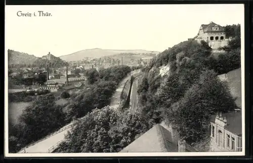 AK Greiz i. Thür., Ortsansicht mit Bahngleisen