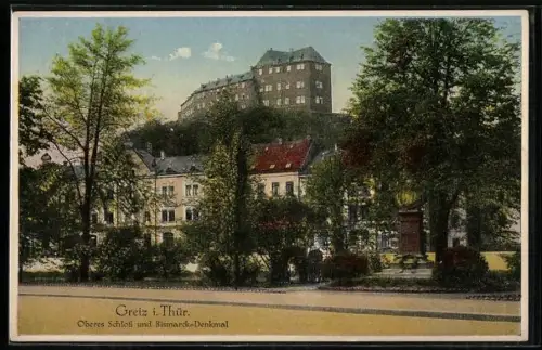 AK Greiz i. Thür., Oberes Schloss, Bismarck-Denkmal