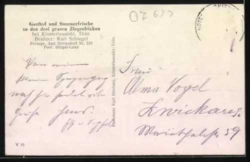 AK Klosterlausnitz /Thür., Gasthof zu den drei grauen Ziegenböcken, Bes. Karl Schlegel