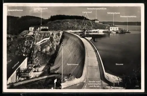 AK Isabellengrün /Saale, Saaletalsperre, Sperrmauer mit Stausee, Umspannwerk