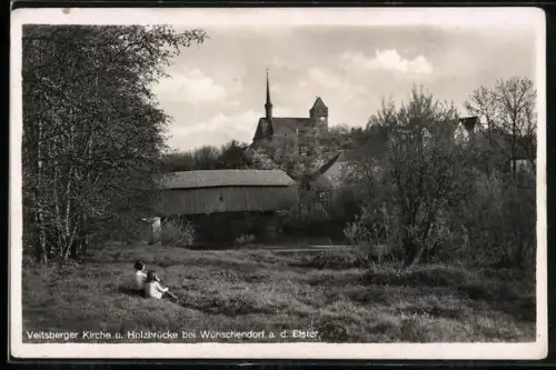 AK Wünschendorf a. d. Elster, Veitsberger Kirche, Holzbrücke