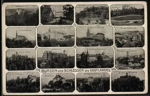 AK Auerbach /Vogtland, Schlossturm, Kaiserschloss Mylau, Schloss Greiz