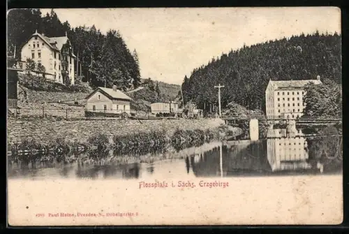 AK Wolkenstein, Flossplatz, Ortsansicht mit Brücke, Fuhrwerk