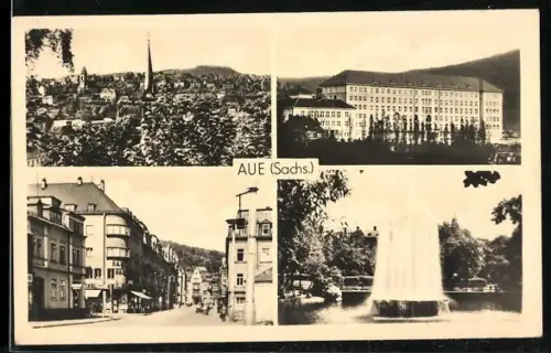 AK Aue /Sachs., Stadtansicht, Krankenhaus, Brunnen, Strassenpartie