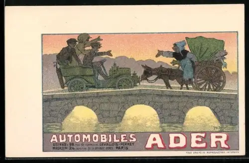Künstler-AK Reklame Autombiles Ader, Auto und Kutsche treffen sich auf einer Brücke