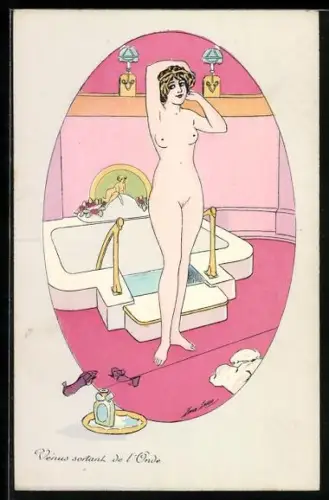 Künstler-AK Xavier Sager: Venus sortant de l`Onde, Nackte Dame steigt aus der Badewanne