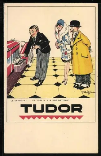 Künstler-AK Mann demonstriert die Tudor Batterie an einem Auto