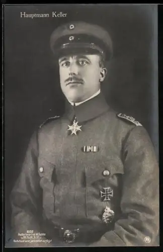Foto-AK Sanke Nr. 602, Hauptmann Keller, Kampfflieger, Pour le Mérite