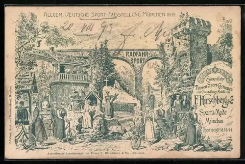 Lithographie München, Allgemeine Deutsche Sport-Ausstellung 1899, Radfahrerinnen, Damenmode F. Hirschberg & Co.