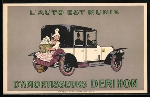 Künstler-AK D` Amortisseurs Derihon, Stossdämpfer Derihon, Bäuerin sitzt auf dem Kofferraum eines Autos
