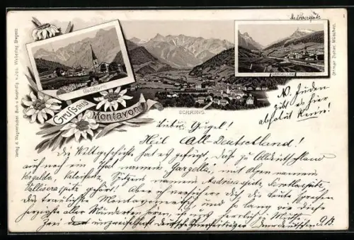 Vorläufer-Lithographie Schruns /Montavon, 1894, Gaschurn mit Kirche, Gargellen im Tal