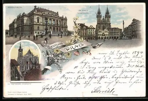 Vorläufer-Lithographie Prag / Praha, 1894, Rudolfinum, St. Veitsdom, Grosser Ring