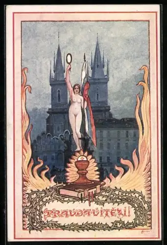 Künstler-AK Prag / Praha, Pradda Vitezi!, Dame mit Flagge und Spiegel, Kelch und Flammen